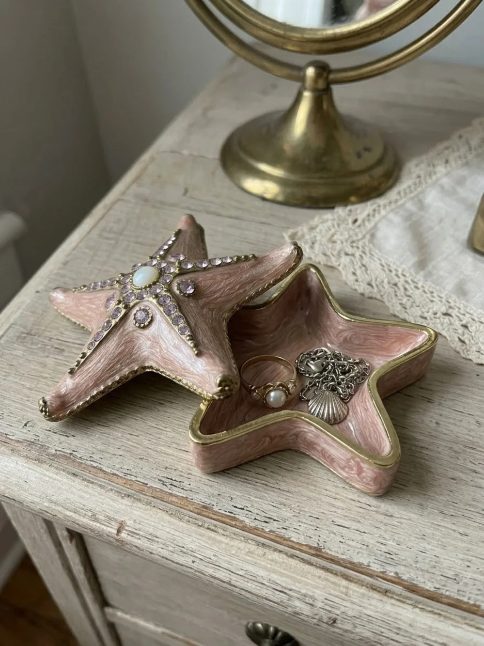 Vintage Enamel & Rhinestone Starfish Trinket Box | Coastal Beachy Ring Dish